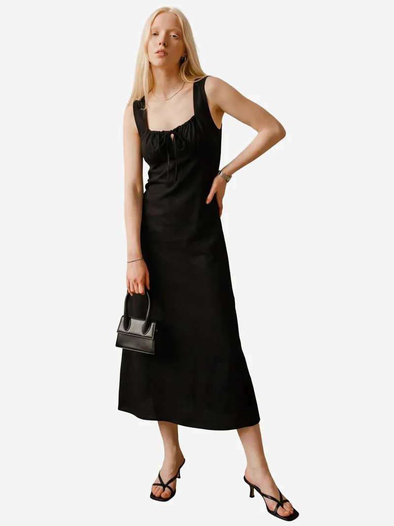 MY FASHION Midi Linen Dress with Tie Detail